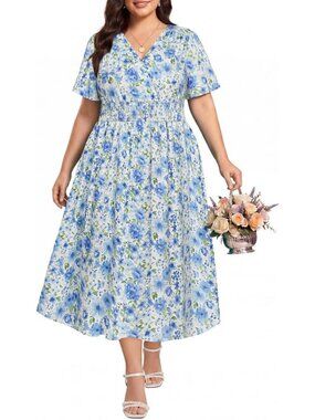 Plus Size Floral Boho Maxi Dress for Curvy Women - V Neck, Short Sleeve, Smocked